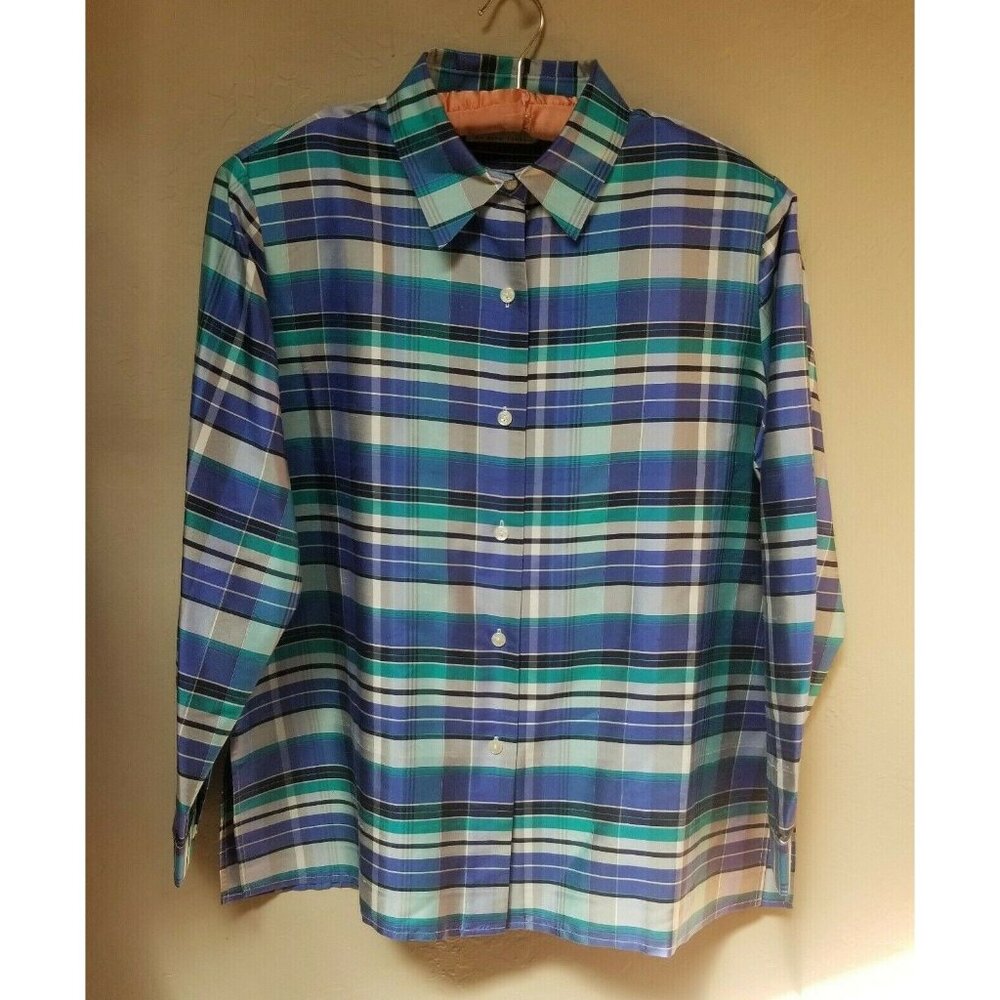 New Silk Lore By Beth Terrell Button Down Plaid Shirt Large Blue Long Sleeve